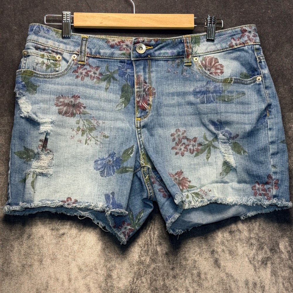 Time And Tru Jean Shorts Womens 14 Blue Cotton Floral Distressed Cut Off Jorts